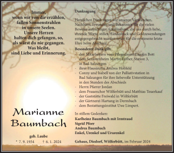 Traueranzeige von Marianne Baumbach von Südthüringer Presse