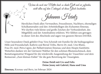 Traueranzeige von Johanna Heintz von Südthüringer Presse