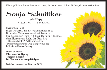 Traueranzeige von Sonja Schnittker von Südthüringer Presse