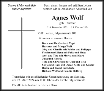 Traueranzeige von Agnes Wolf von Frankenpost