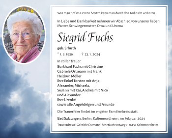Traueranzeige von Siegrid Fuchs von Südthüringer Presse