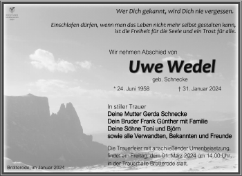 Traueranzeige von Uwe Wedel von Südthüringer Presse