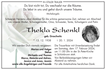 Traueranzeige von Thekla Schenkl von Frankenpost