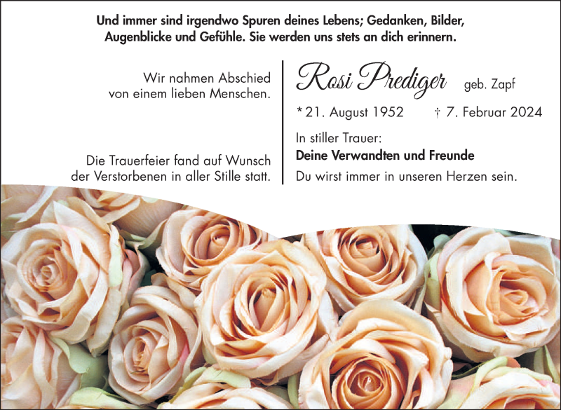  Traueranzeige für Rosi Prediger vom 17.02.2024 aus Frankenpost