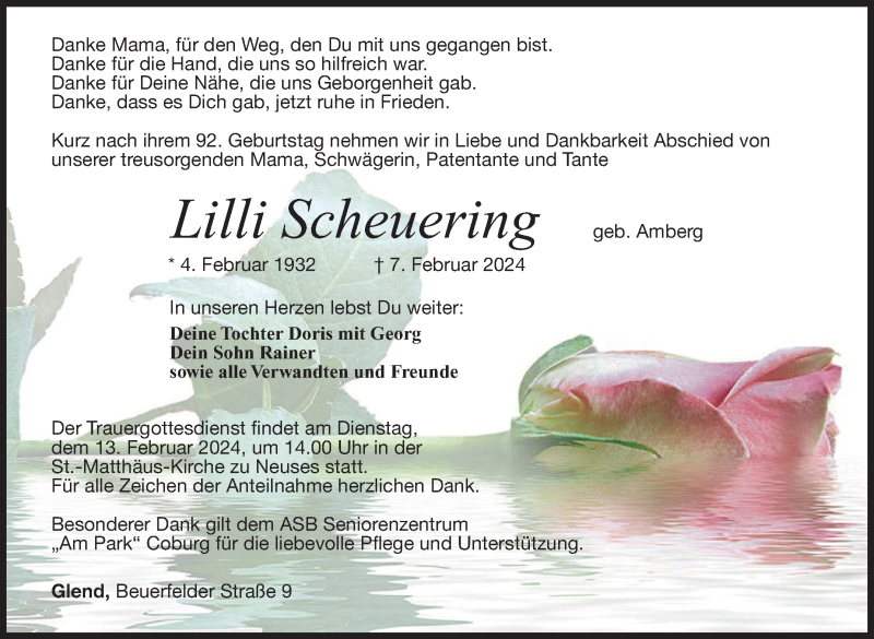  Traueranzeige für Lilli Scheuering vom 10.02.2024 aus Neue Presse Coburg