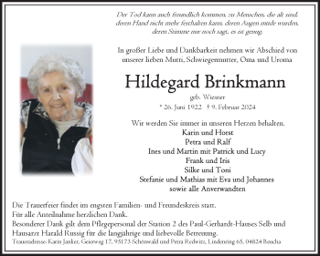 Traueranzeige von Hildegard Brinkmann von Frankenpost
