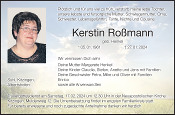 Traueranzeige von Kerstin Roßmann von Südthüringer Presse