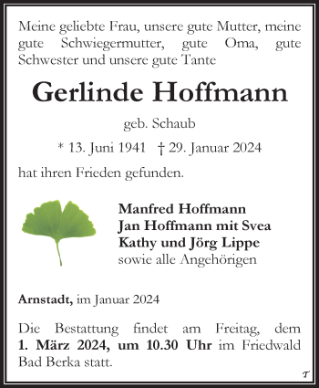 Traueranzeige von Gerlinde Hoffmann von Südthüringer Presse