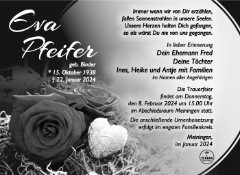 Traueranzeige von Eva Pfeifer von Südthüringer Presse
