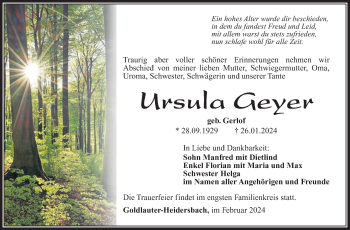 Traueranzeige von Ursula Geyer von Südthüringer Presse