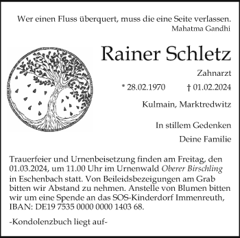 Traueranzeige von Rainer Schletz von Südthüringer Presse
