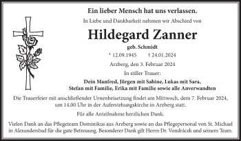 Traueranzeige von Hildegard Zanner von Frankenpost