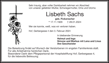 Traueranzeige von Lisbeth Sachs von Frankenpost