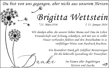 Traueranzeige von Brigitta Wettstein von Südthüringer Presse