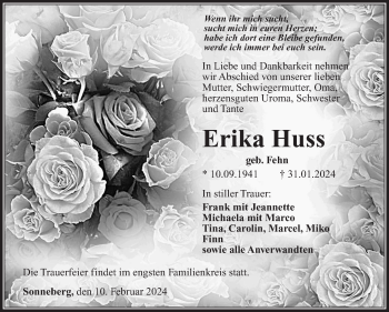 Traueranzeige von Erika Huss von Südthüringer Presse