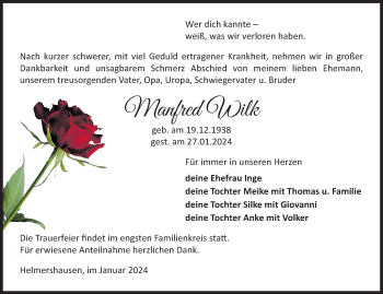 Traueranzeige von Manfred Wilk von Südthüringer Presse