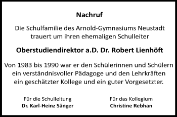 Traueranzeige von Robert Lienhöft von Neue Presse Coburg