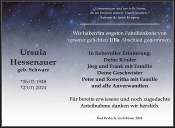 Traueranzeige von Ursula Hessenauer von Südthüringer Presse