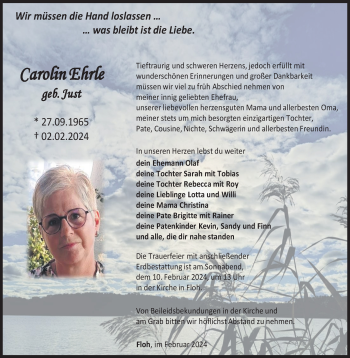 Traueranzeige von Carolin Ehrle von Südthüringer Presse