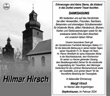 Traueranzeige von Hilmar Hirsch von Südthüringer Presse