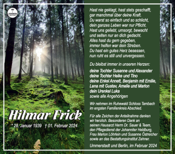 Traueranzeige von Hilmar Frick von Südthüringer Presse