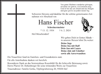 Traueranzeige von Hans Fischer von Frankenpost