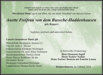 Traueranzeige von Anette Freifrau von dem Bussche-Haddenhausen von Südthüringer Presse