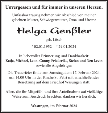 Traueranzeige von Helga Genßler von Südthüringer Presse