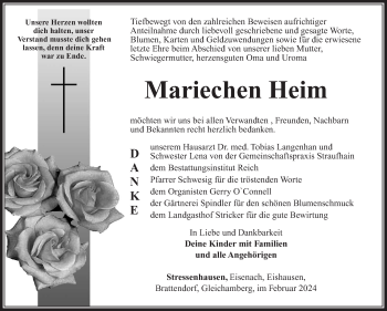 Traueranzeige von Mariechen Heim von Südthüringer Presse