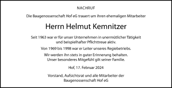 Traueranzeige von Helmut Kemnitzer von Frankenpost