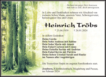Traueranzeige von Heinrich Tröbs von Südthüringer Presse
