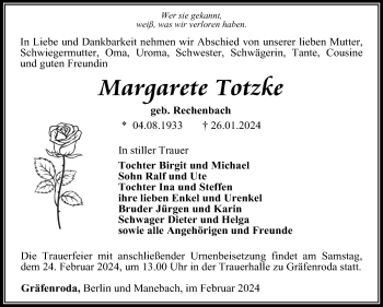 Traueranzeige von Margarete Totzke von Südthüringer Presse