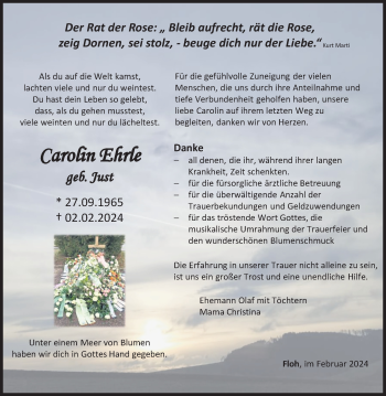 Traueranzeige von Carolin Ehrle von Südthüringer Presse