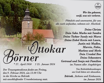 Traueranzeige von Ottokar Börner von Südthüringer Presse
