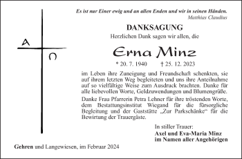 Traueranzeige von Erna Minz von Südthüringer Presse