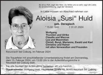 Traueranzeige von Aloisia Huld von Neue Presse Coburg