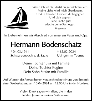 Traueranzeige von Hermann Bodenschatz von Frankenpost