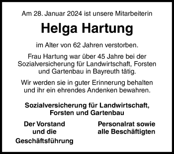Traueranzeige von Helga Hartung von Neue Presse Coburg