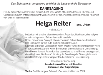 Traueranzeige von Helga Reiter von Südthüringer Presse