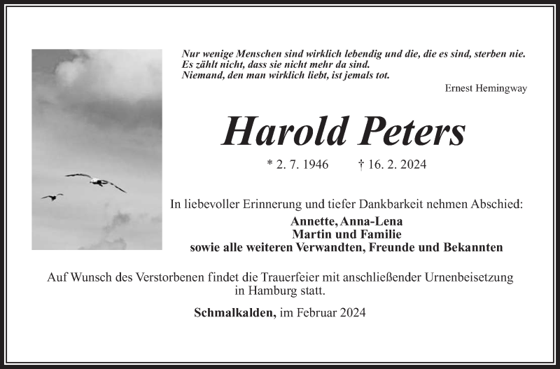  Traueranzeige für Harold Peters vom 24.02.2024 aus Südthüringer Presse