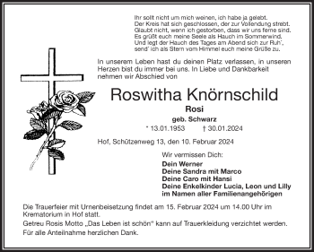 Traueranzeige von Roswitha Knörnschild von Frankenpost