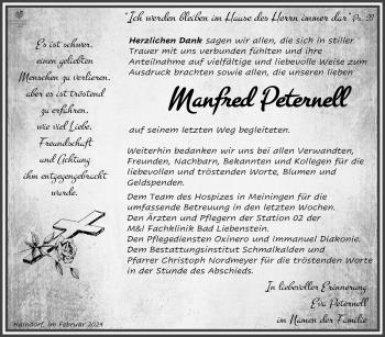 Traueranzeige von Manfred Peternell von Südthüringer Presse