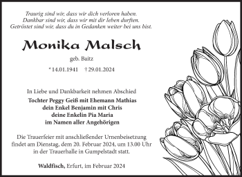 Traueranzeige von Monika Malsch von Südthüringer Presse