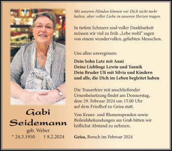 Traueranzeige von Gabi Seidemann von Südthüringer Presse