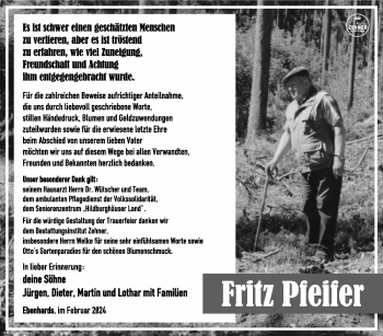 Traueranzeige von Fritz Pfeifer von Südthüringer Presse