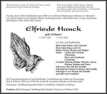 Traueranzeige von Elfriede Hauck von Südthüringer Presse