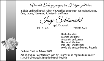 Traueranzeige von Inge Schönwald von Neue Presse Coburg
