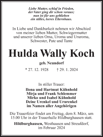 Traueranzeige von Hulda Koch von Südthüringer Presse