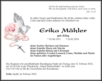 Traueranzeige von Erika Mähler von Südthüringer Presse