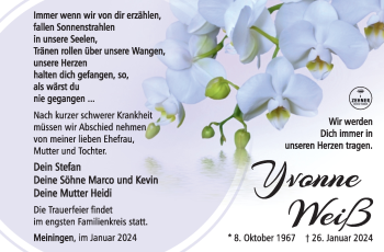 Traueranzeige von Yvonne Weiß von Südthüringer Presse